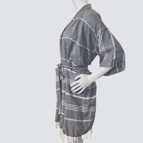 Gray Bohemian Coastal Striped Fringe Hem Belted Kimono Cardigan Size L - Picture 4 of 9
